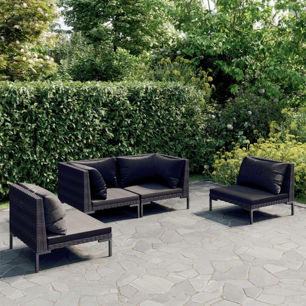 Sofás de jardín 4 piezas y cojines ratán sintético gris oscuro