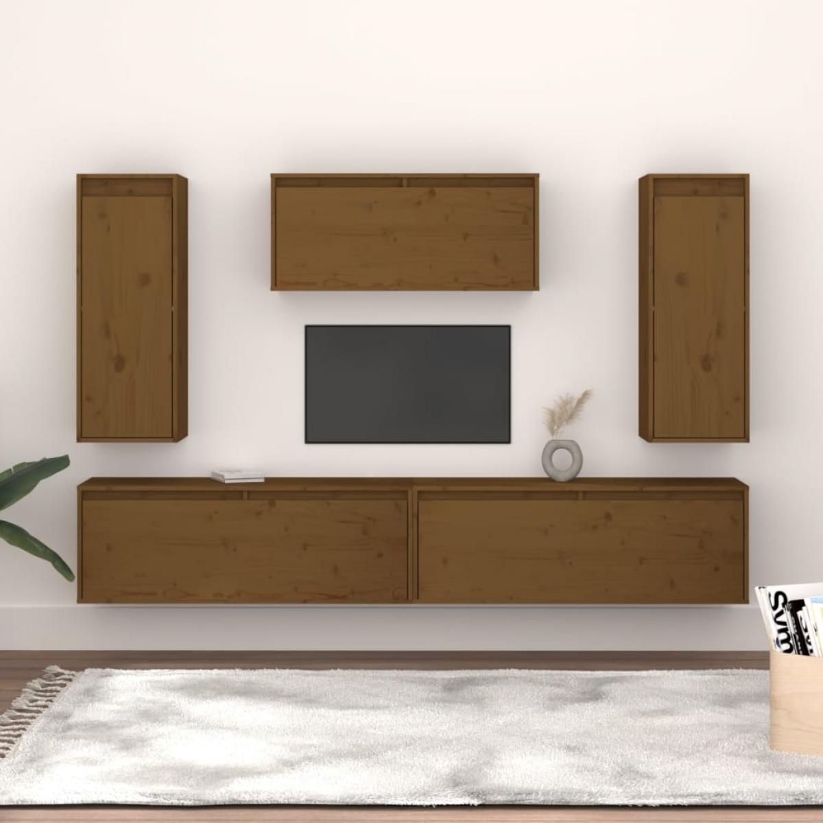 Muebles para TV 5 piezas madera maciza de pino marrón miel