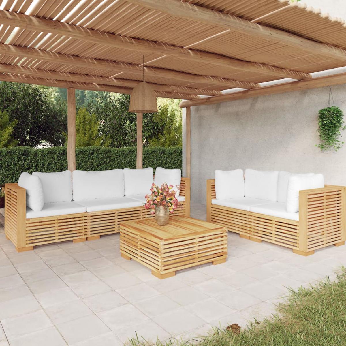 Juego muebles de jardín 6 piezas y cojines madera maciza teca
