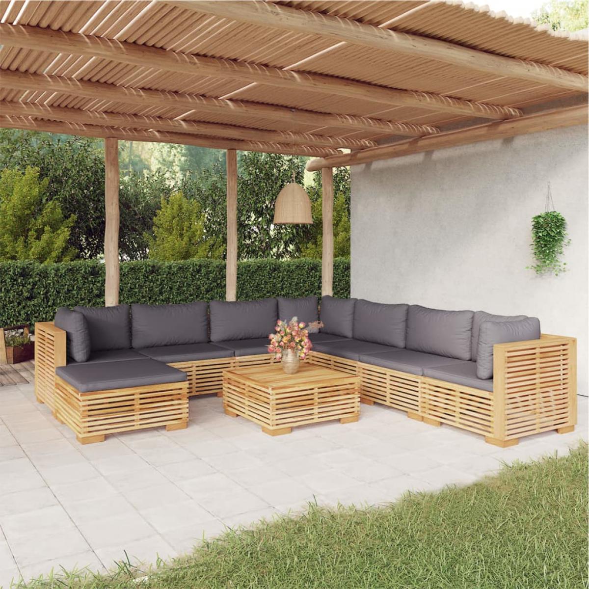 Juego muebles de jardín 9 piezas y cojines madera maciza teca