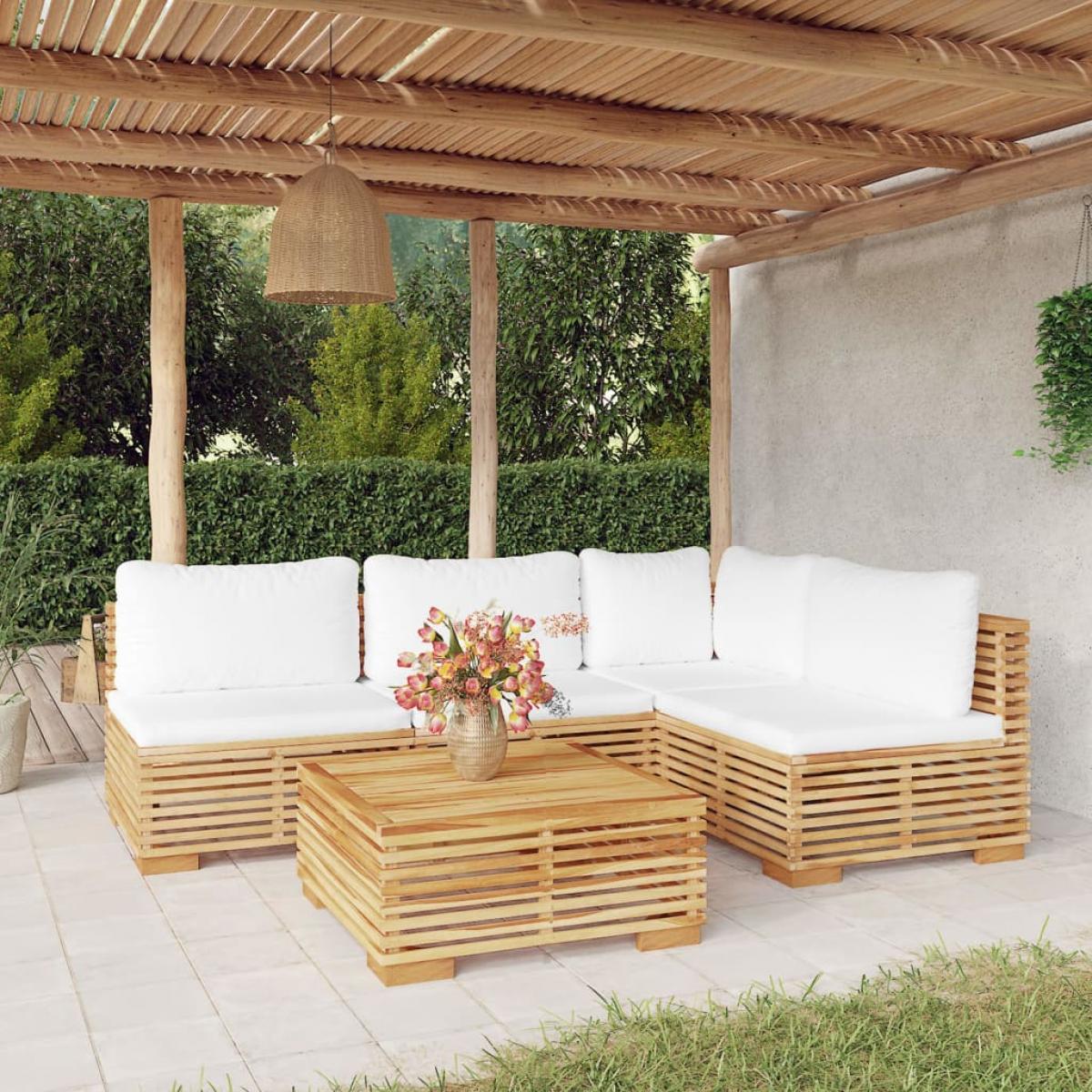 Juego muebles de jardín 5 piezas y cojines madera maciza teca