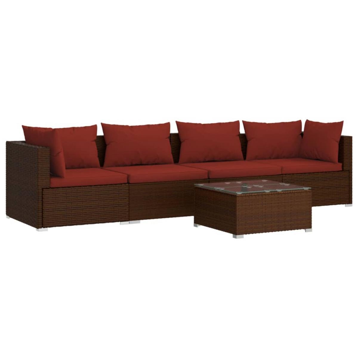 Set sofás de jardín 5 piezas y cojines ratán sintético marrón