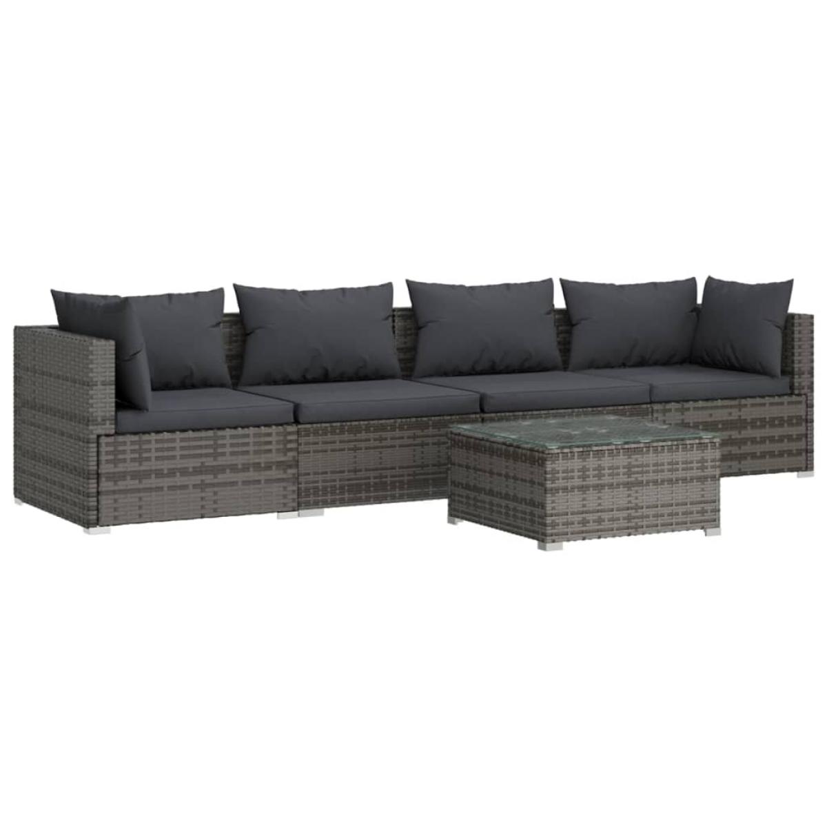 Set de sofás de jardín 5 piezas y cojines ratán sintético gris