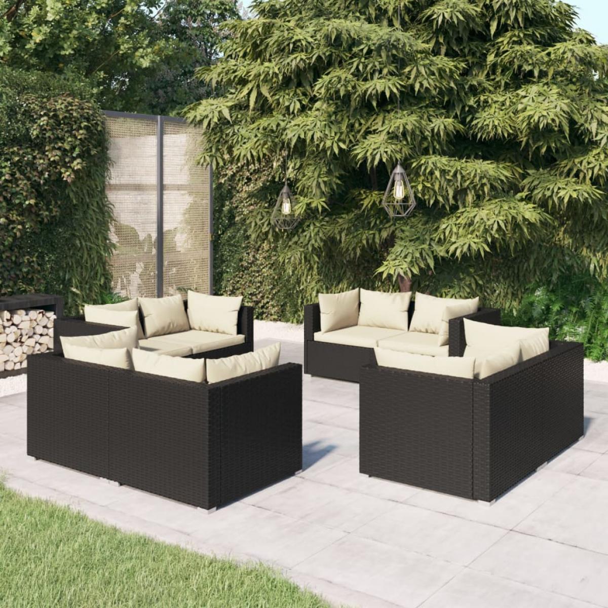 Set de muebles de jardín 8 pzas y cojines ratán sintético negro