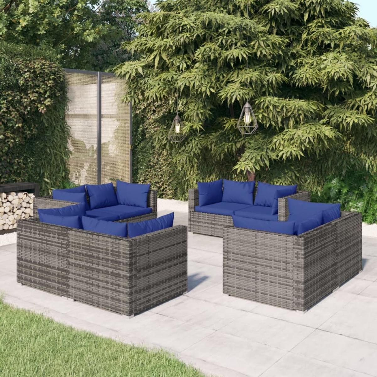 Set de sofás de jardín 8 piezas y cojines ratán sintético gris