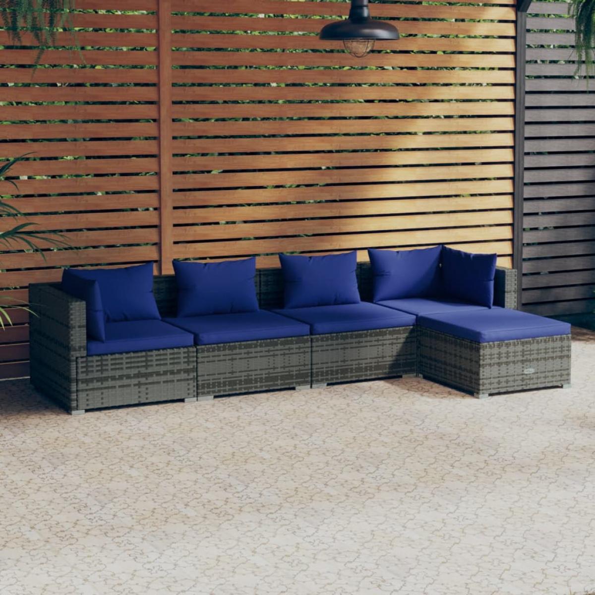 Set de sofás de jardín 5 piezas y cojines ratán sintético gris