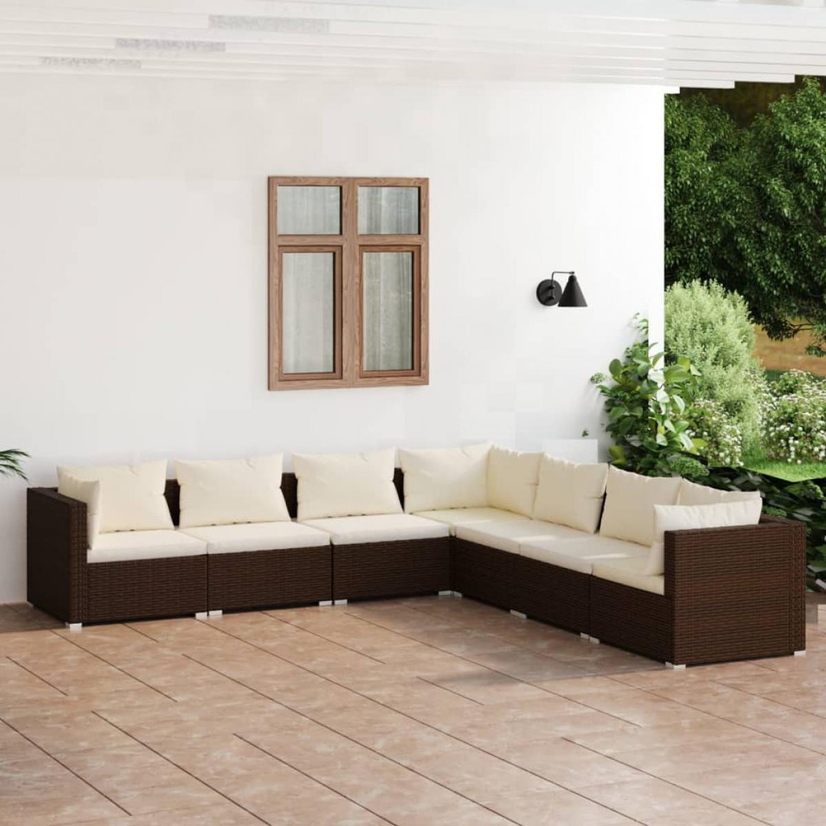 Set muebles de jardín 7 piezas y cojines ratán sintético marrón