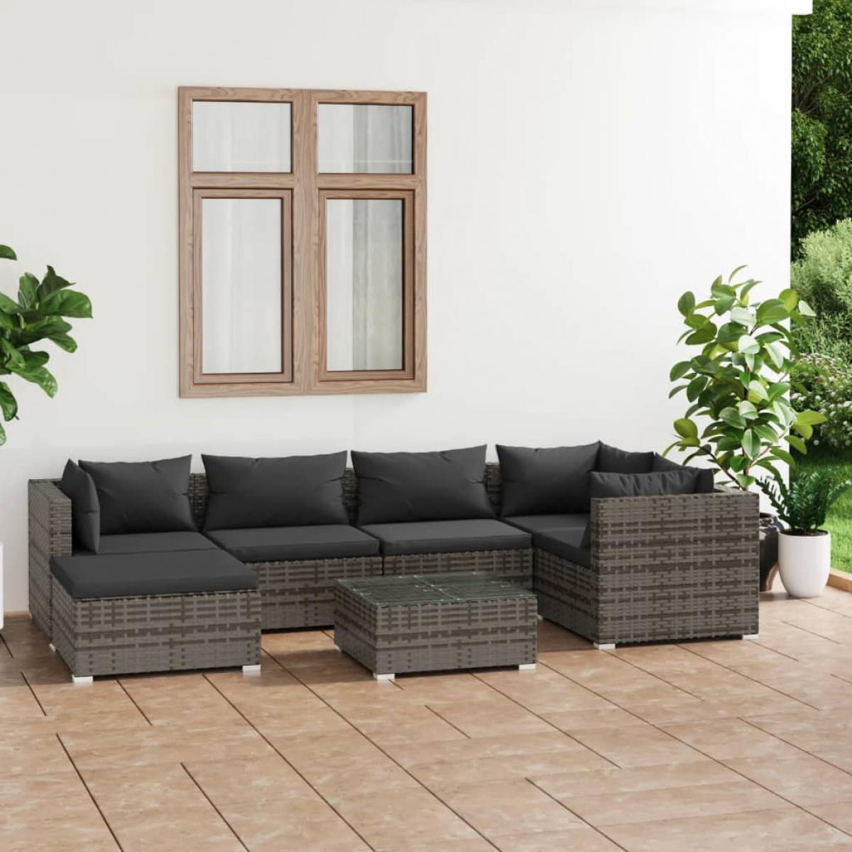 Set de muebles de jardín 7 pzas y cojines ratán sintético gris