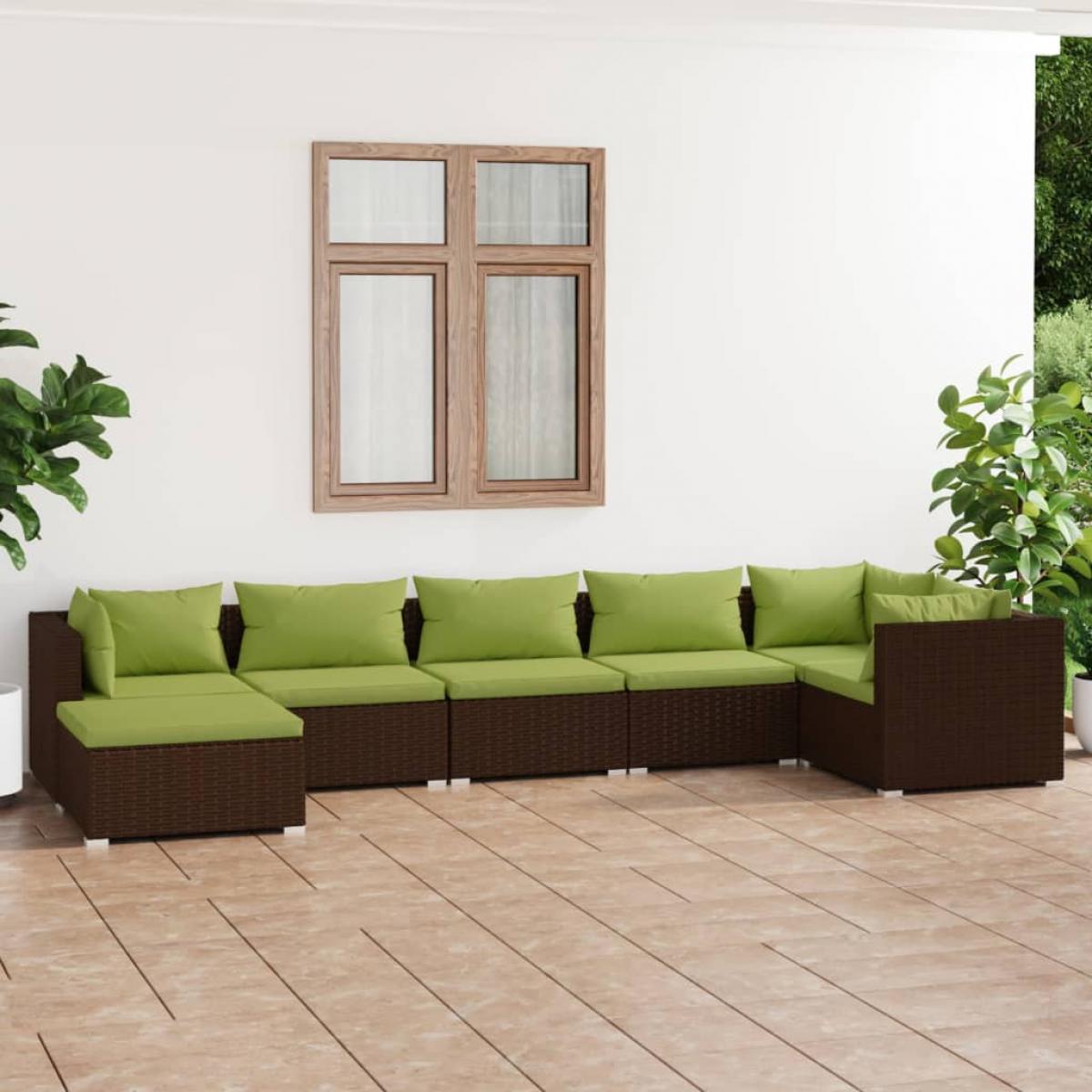 Set muebles de jardín 7 piezas y cojines ratán sintético marrón
