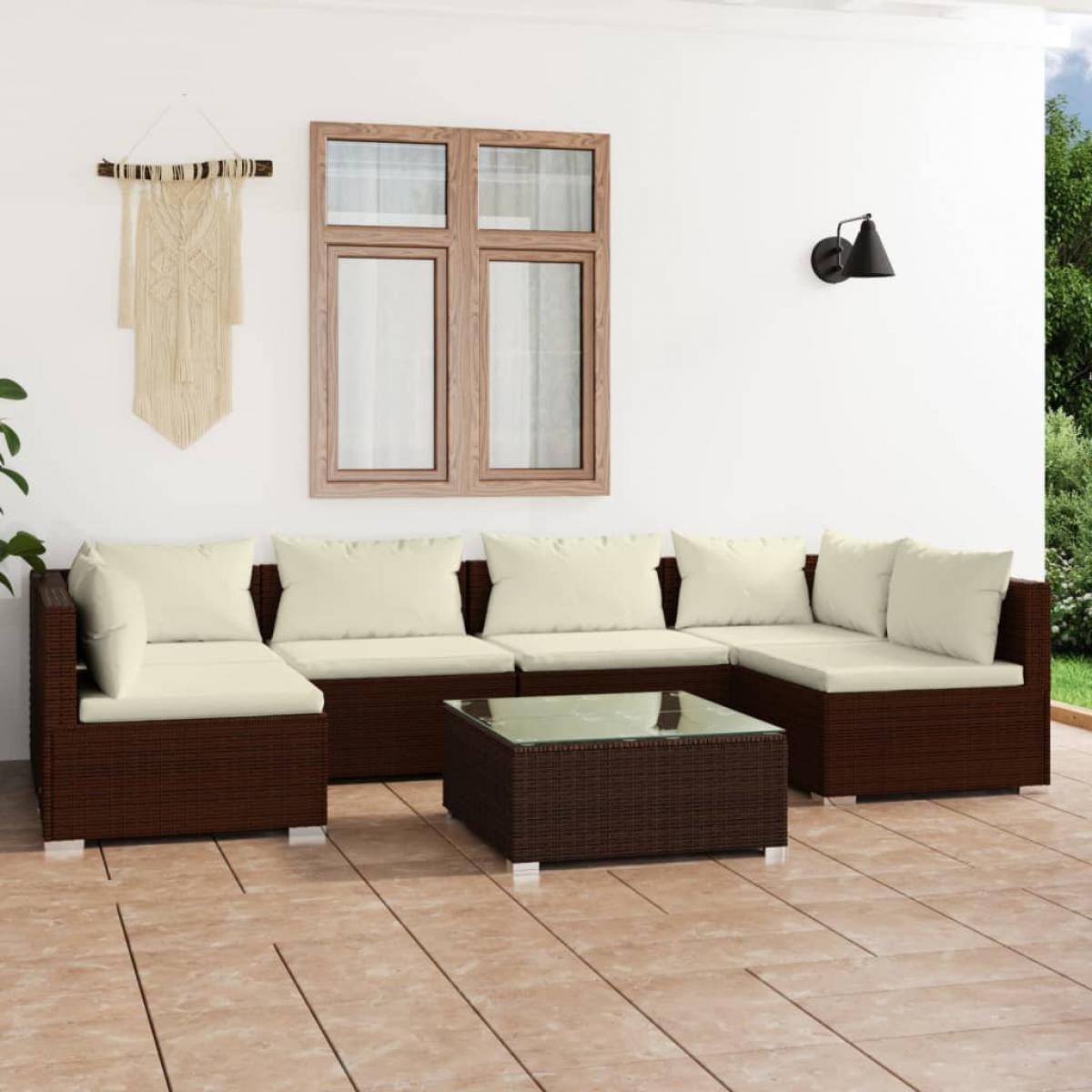 Set muebles de jardín 7 piezas y cojines ratán sintético marrón
