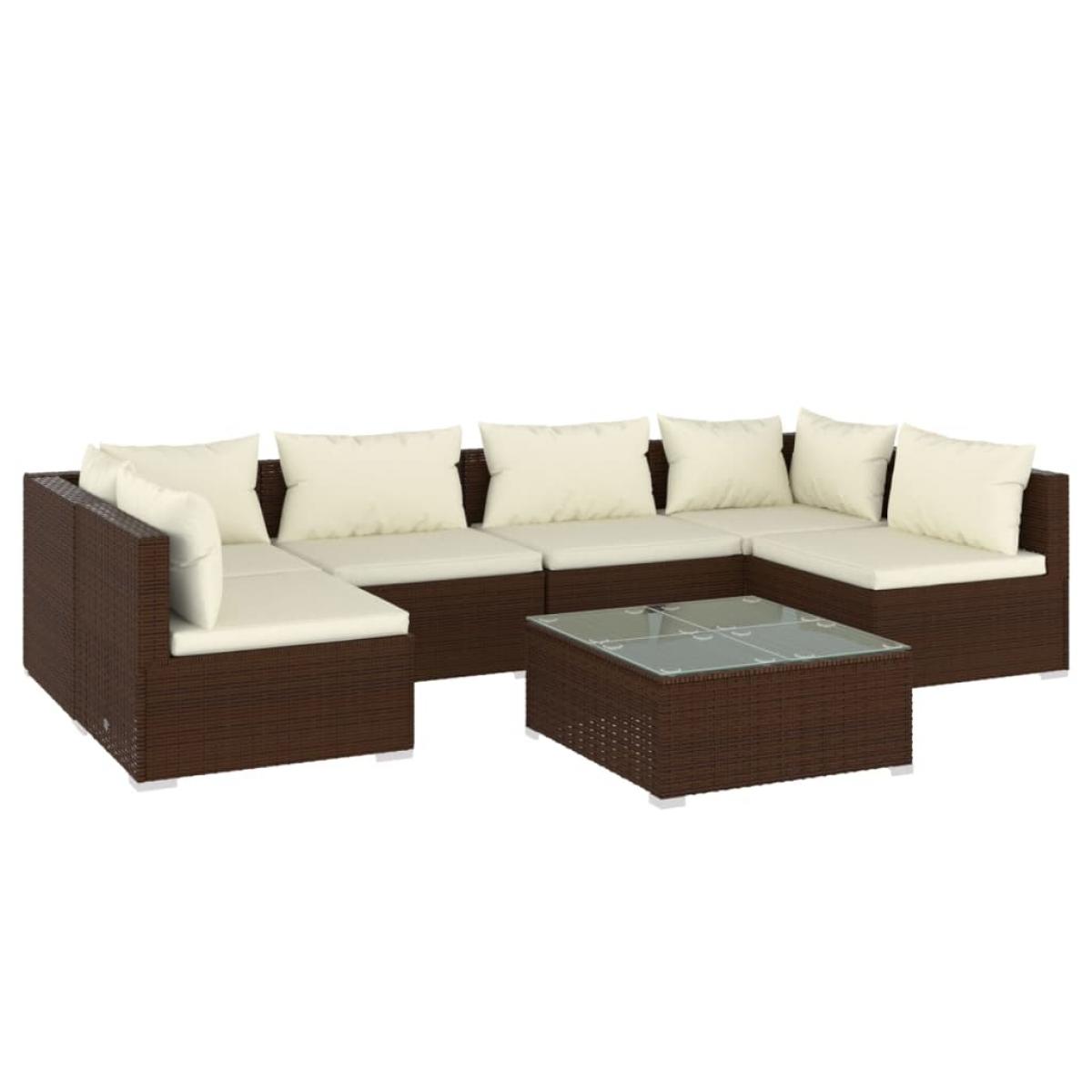 Set muebles de jardín 7 piezas y cojines ratán sintético marrón