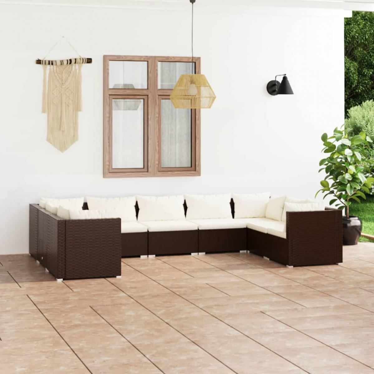 Set muebles de jardín 9 piezas y cojines ratán sintético marrón