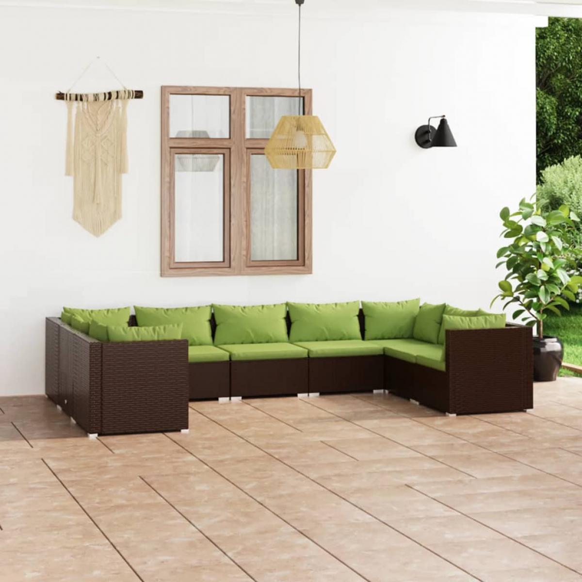Set muebles de jardín 9 piezas y cojines ratán sintético marrón
