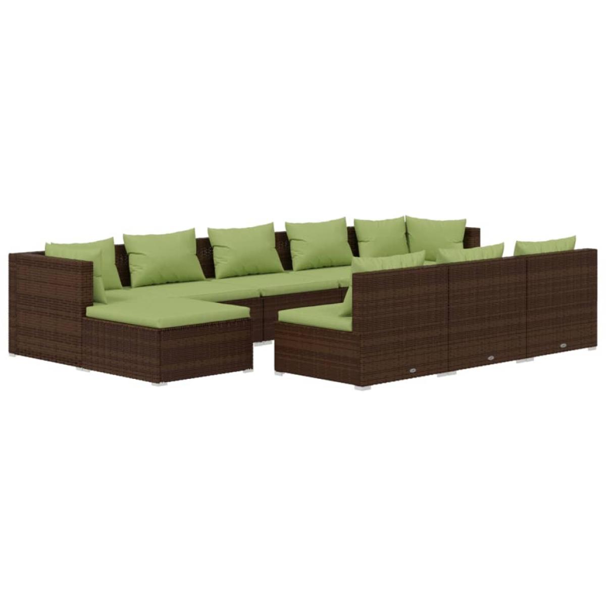 Set muebles de jardín 10 pzas y cojines ratán sintético marrón