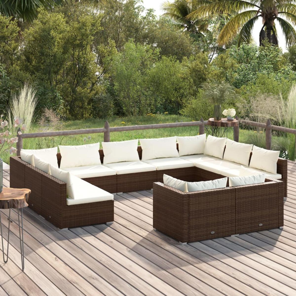 Set muebles de jardín 11 pzas y cojines ratán sintético marrón
