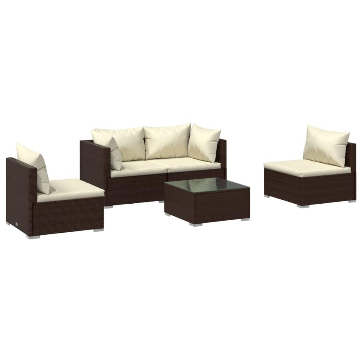 Set muebles de jardín 5 piezas y cojines ratán sintético marrón