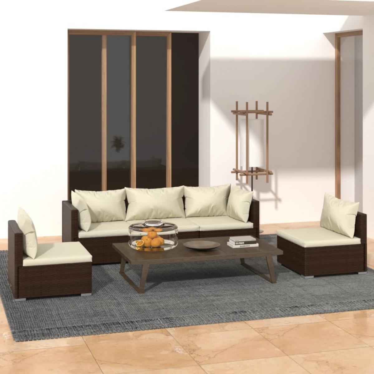 Set muebles de jardín 5 piezas y cojines ratán sintético marrón
