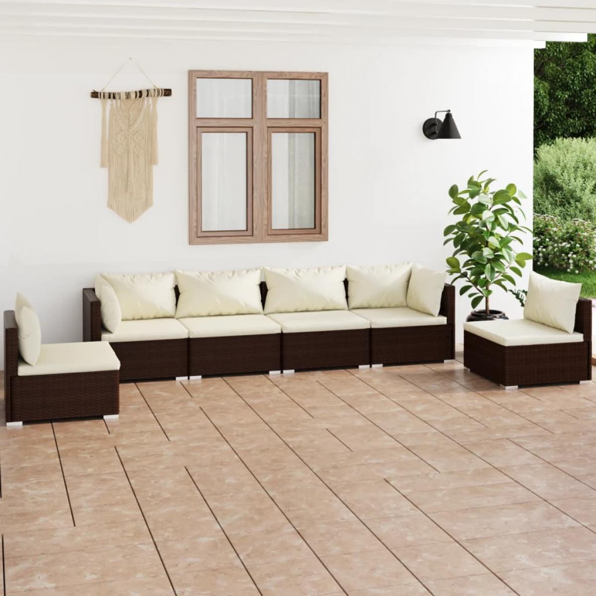 Set muebles de jardín 6 piezas y cojines ratán sintético marrón