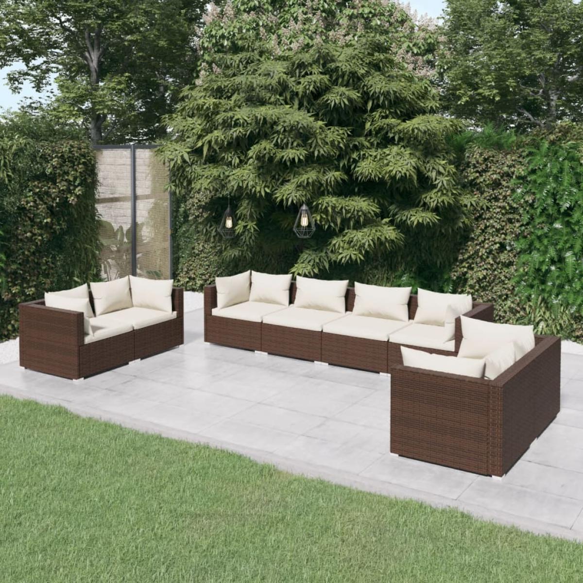 Set muebles de jardín 8 piezas y cojines ratán sintético marrón