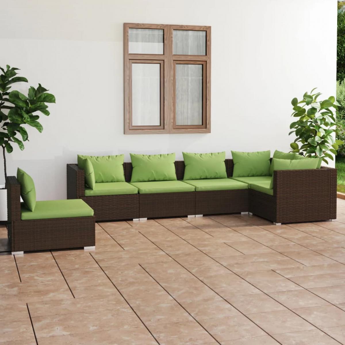 Set muebles de jardín 6 piezas y cojines ratán sintético marrón