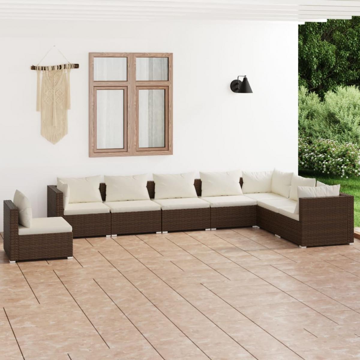Set muebles de jardín 8 piezas y cojines ratán sintético marrón