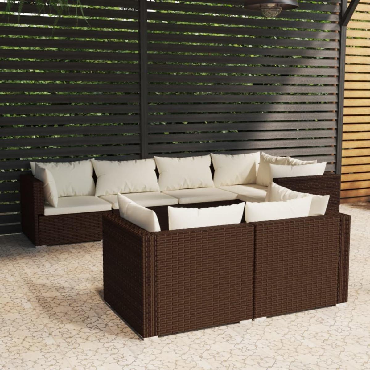 Set muebles de jardín 7 piezas y cojines ratán sintético marrón