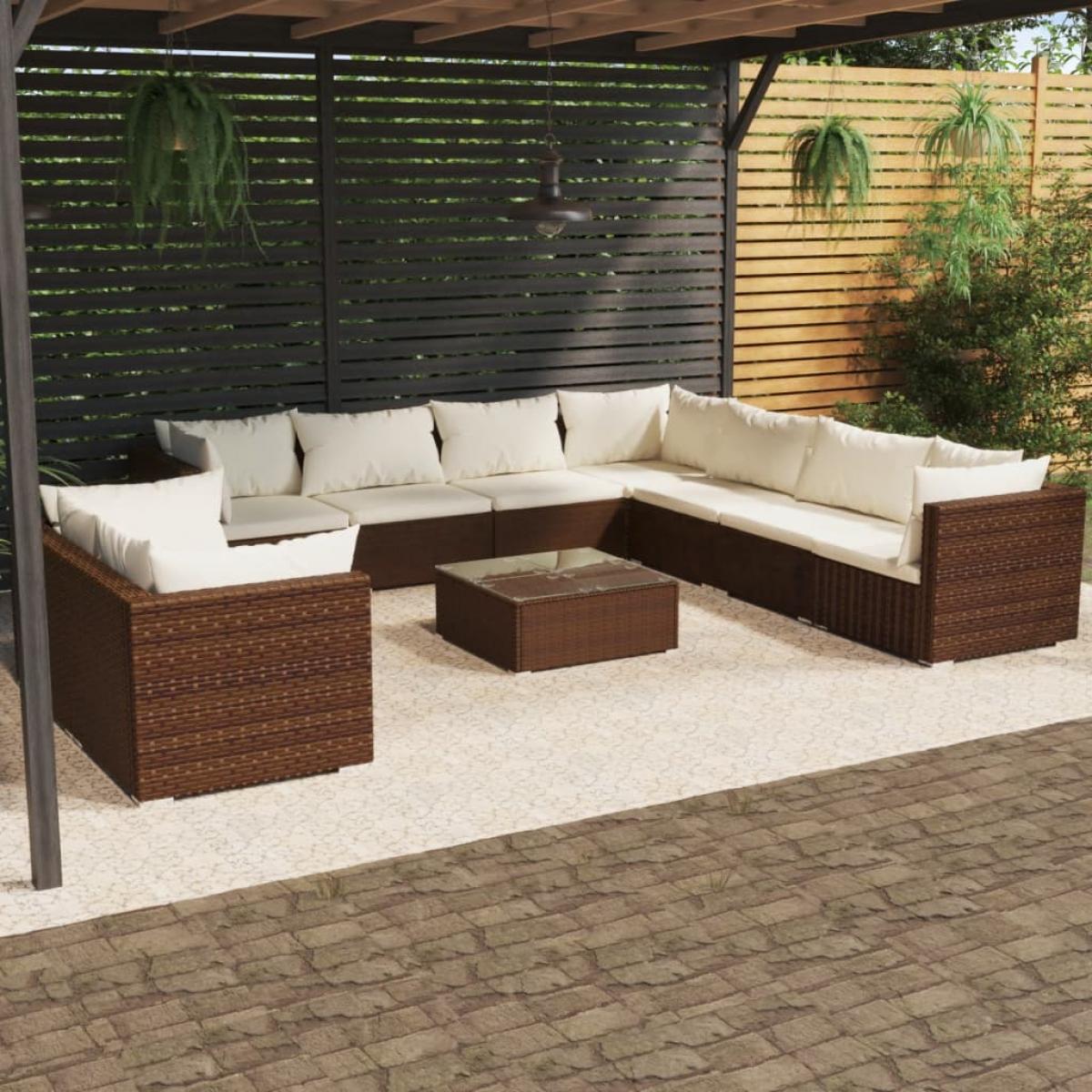 Set muebles de jardín 10 pzas y cojines ratán sintético marrón