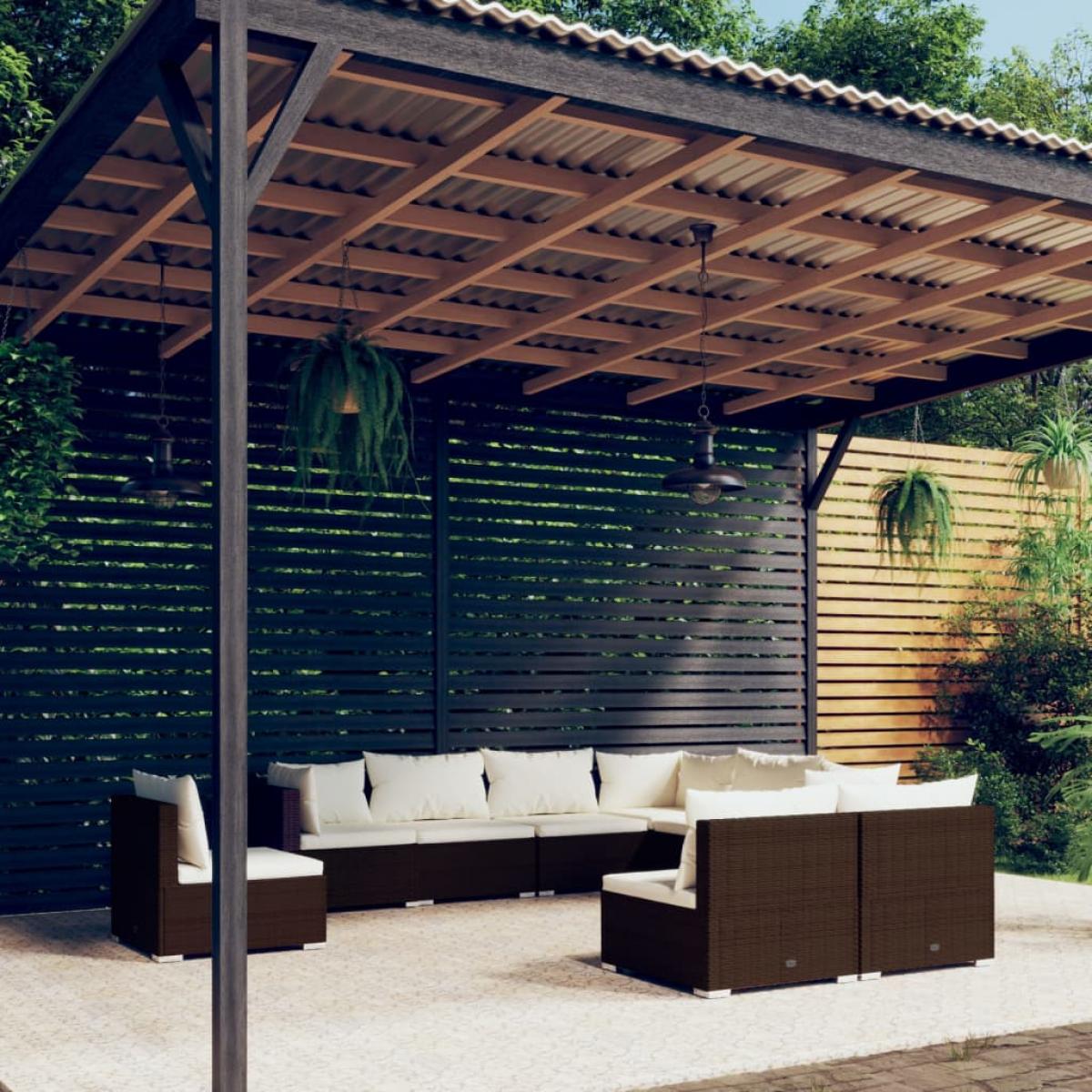 Set muebles de jardín 9 piezas y cojines ratán sintético marrón