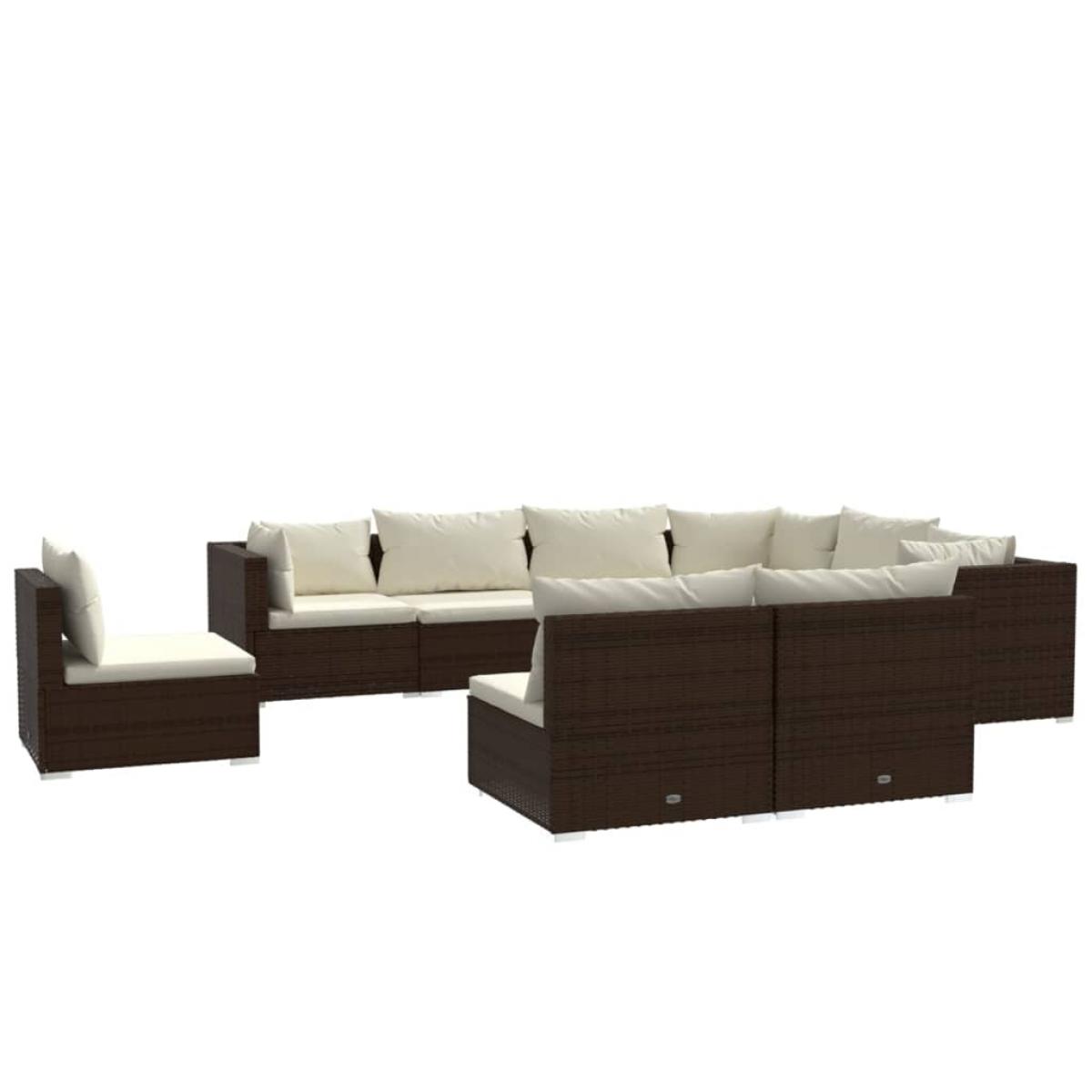 Set muebles de jardín 9 piezas y cojines ratán sintético marrón