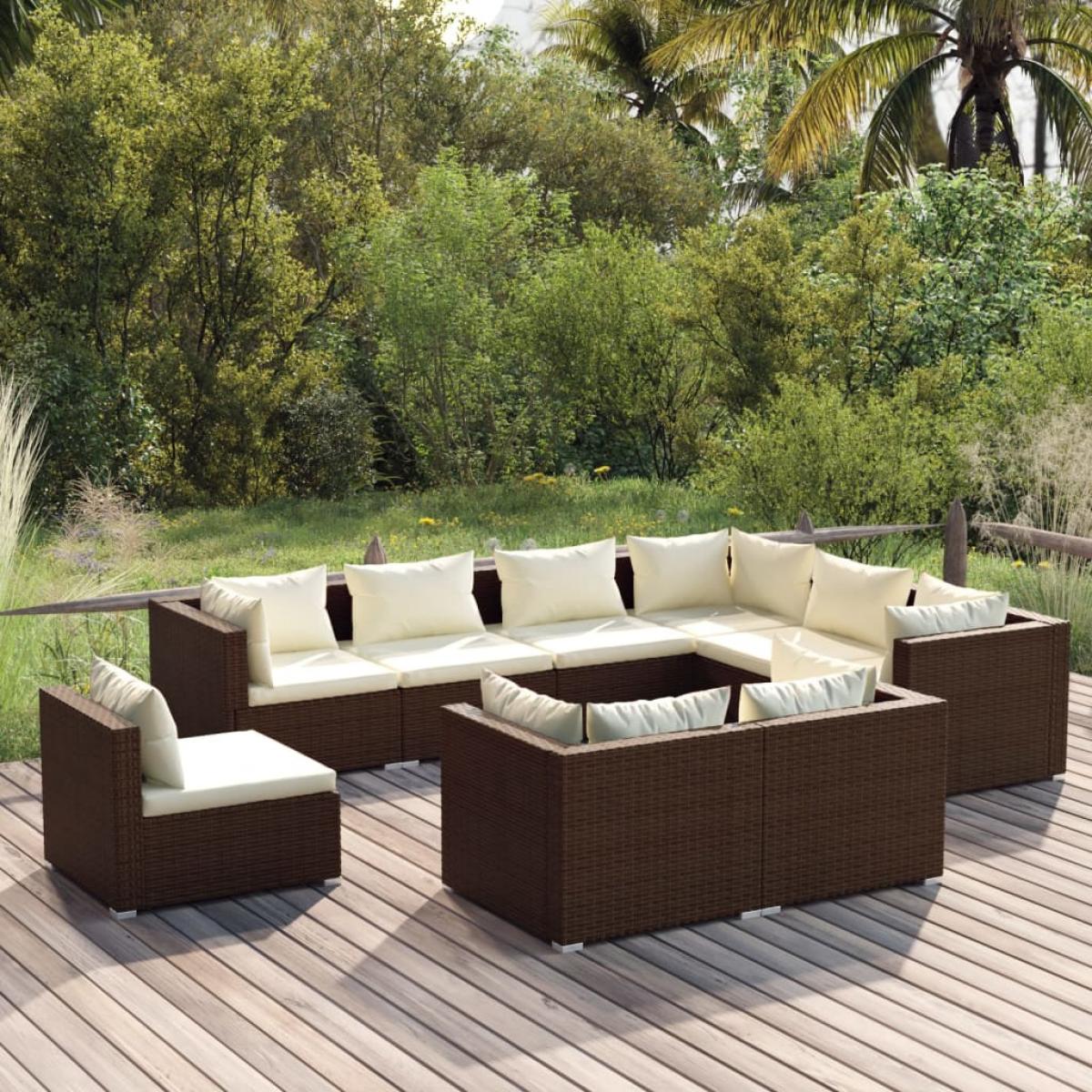 Set muebles de jardín 9 piezas y cojines ratán sintético marrón