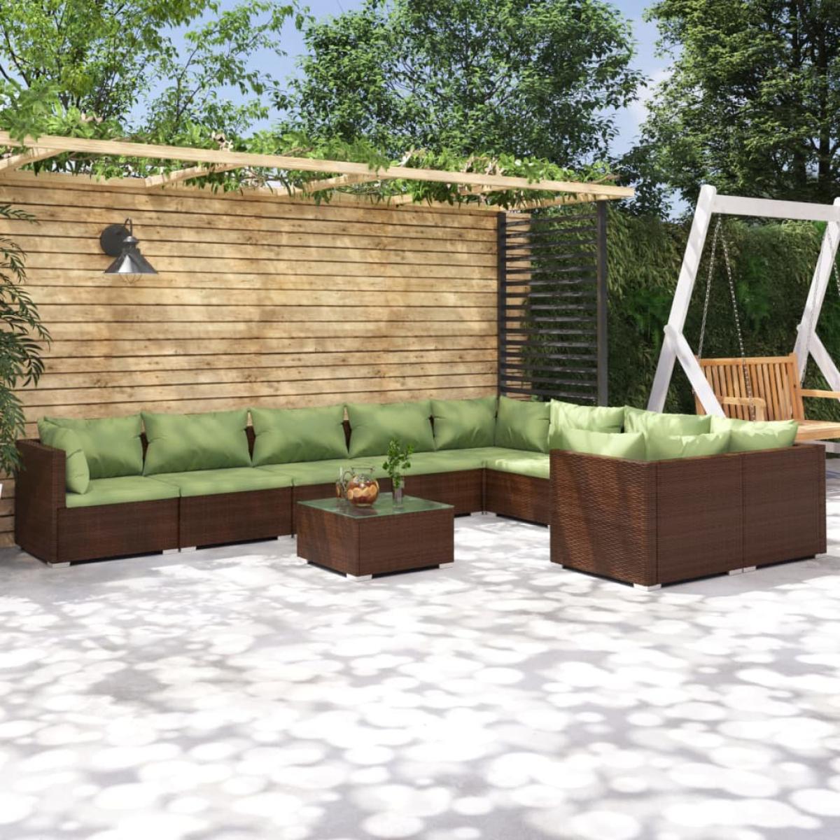 Set muebles de jardín 10 pzas y cojines ratán sintético marrón