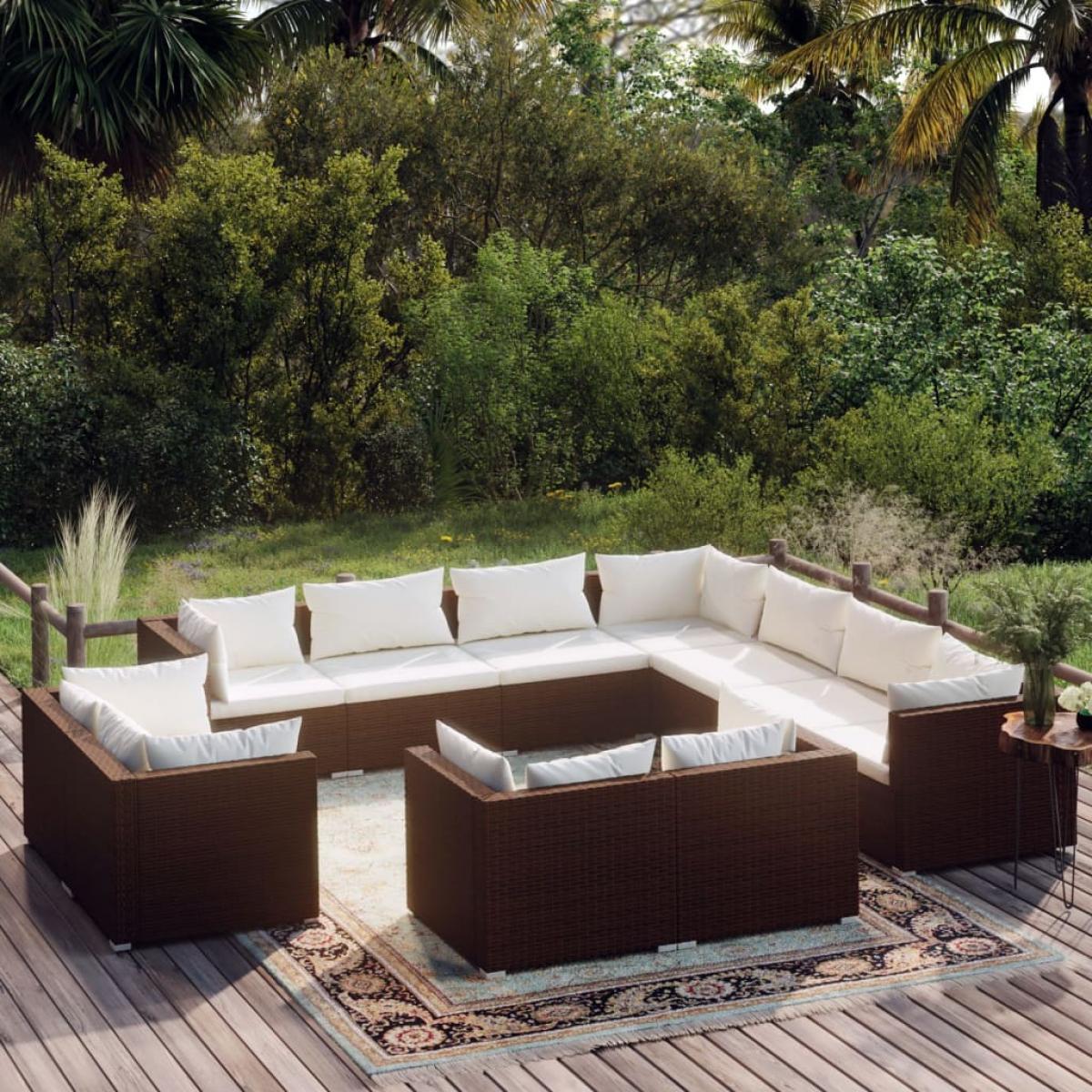 Set muebles de jardín 11 piezas cojines ratán sintético marrón