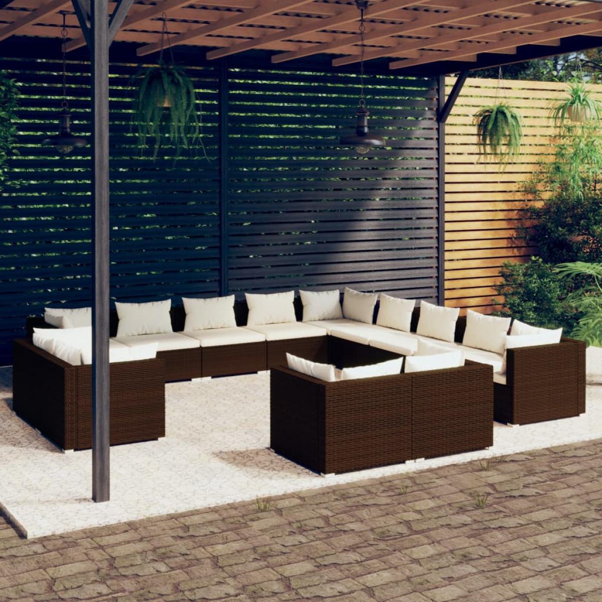 Set muebles de jardín 13 pzas y cojines ratán sintético marrón