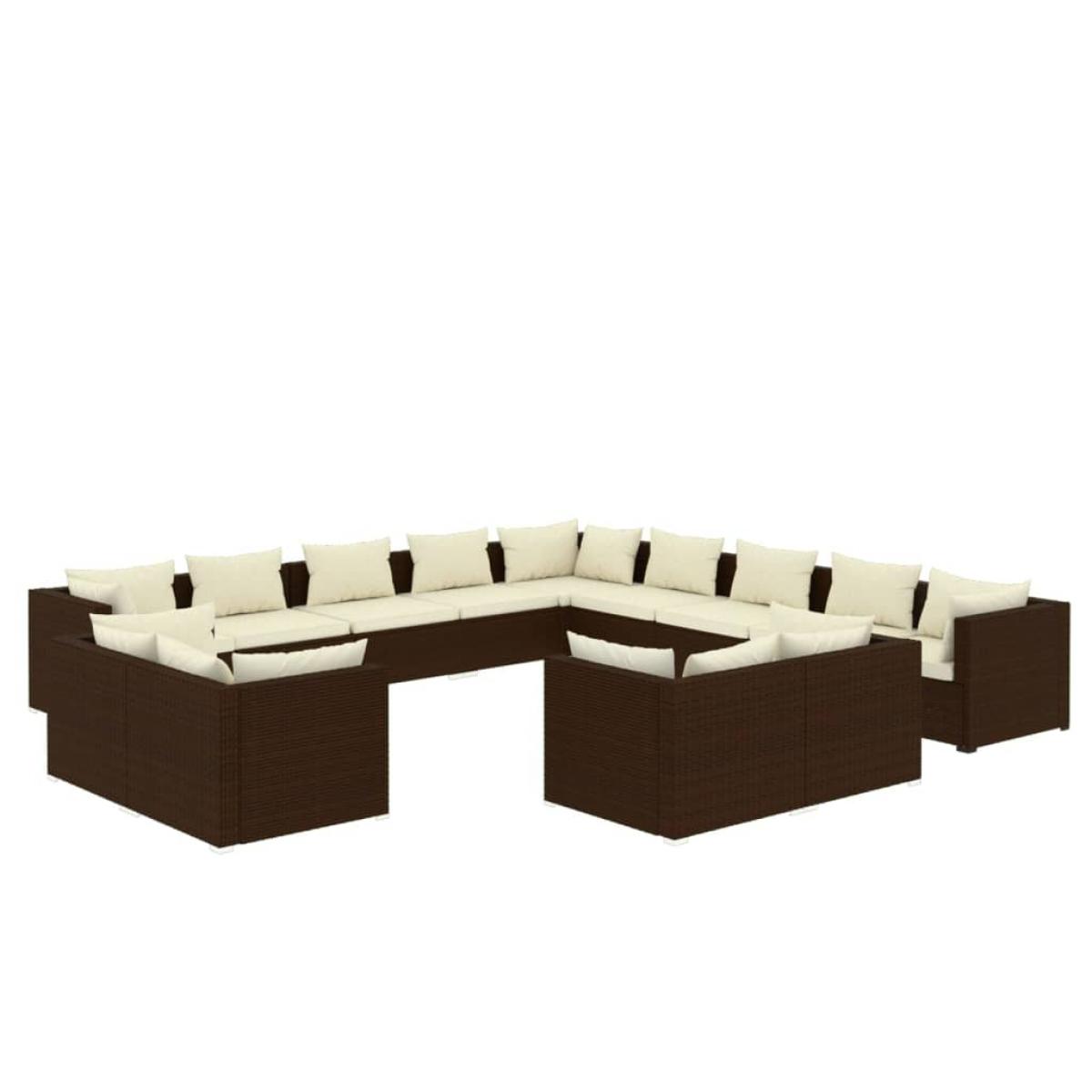 Set muebles de jardín 13 pzas y cojines ratán sintético marrón