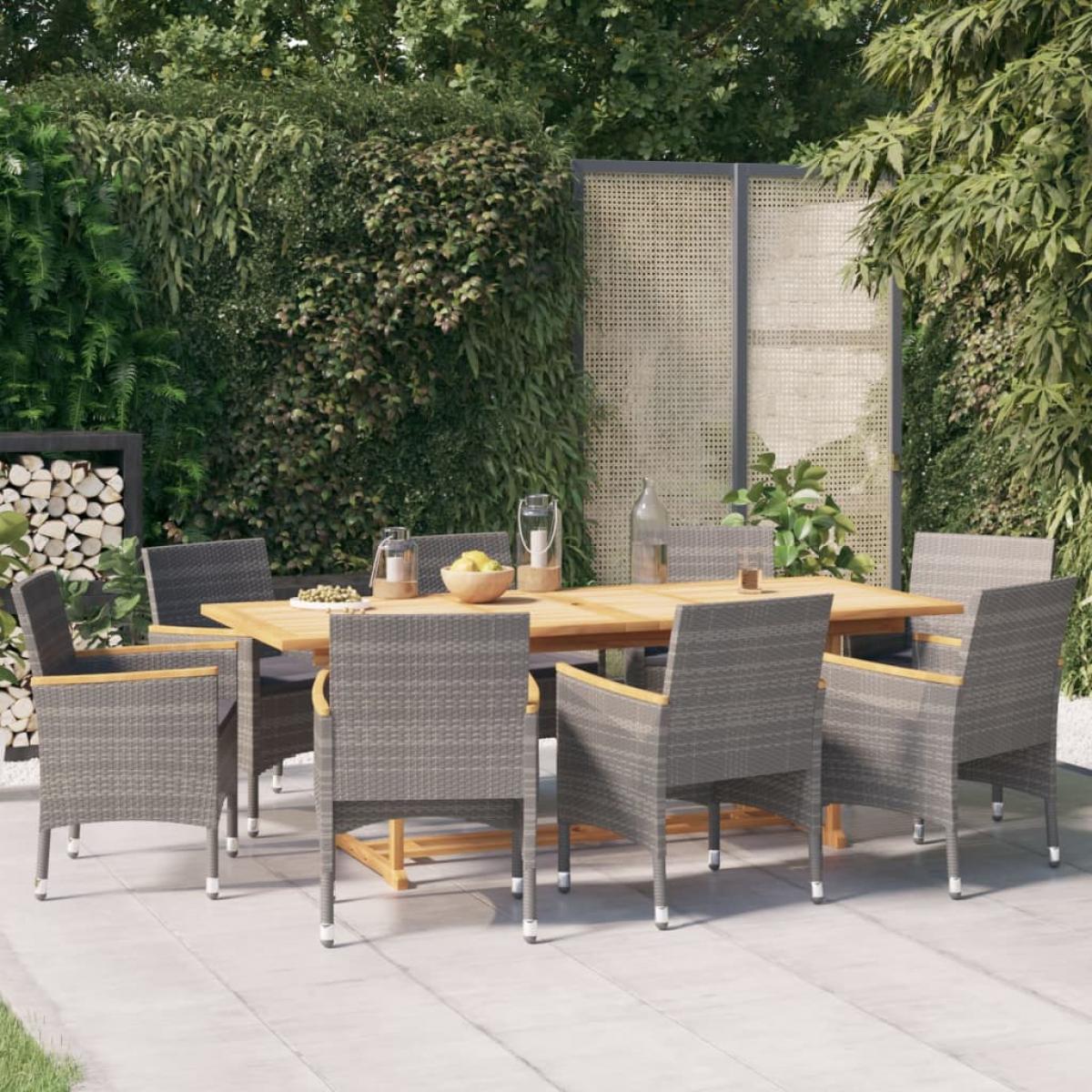 Juego de comedor de jardín 9 piezas con cojines gris