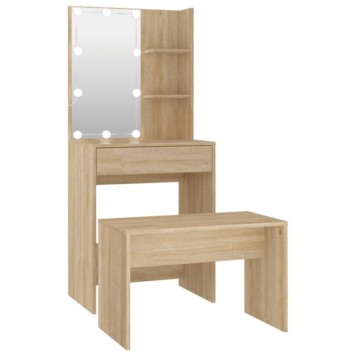 Juego de tocador con LED madera contrachapada roble Sonoma