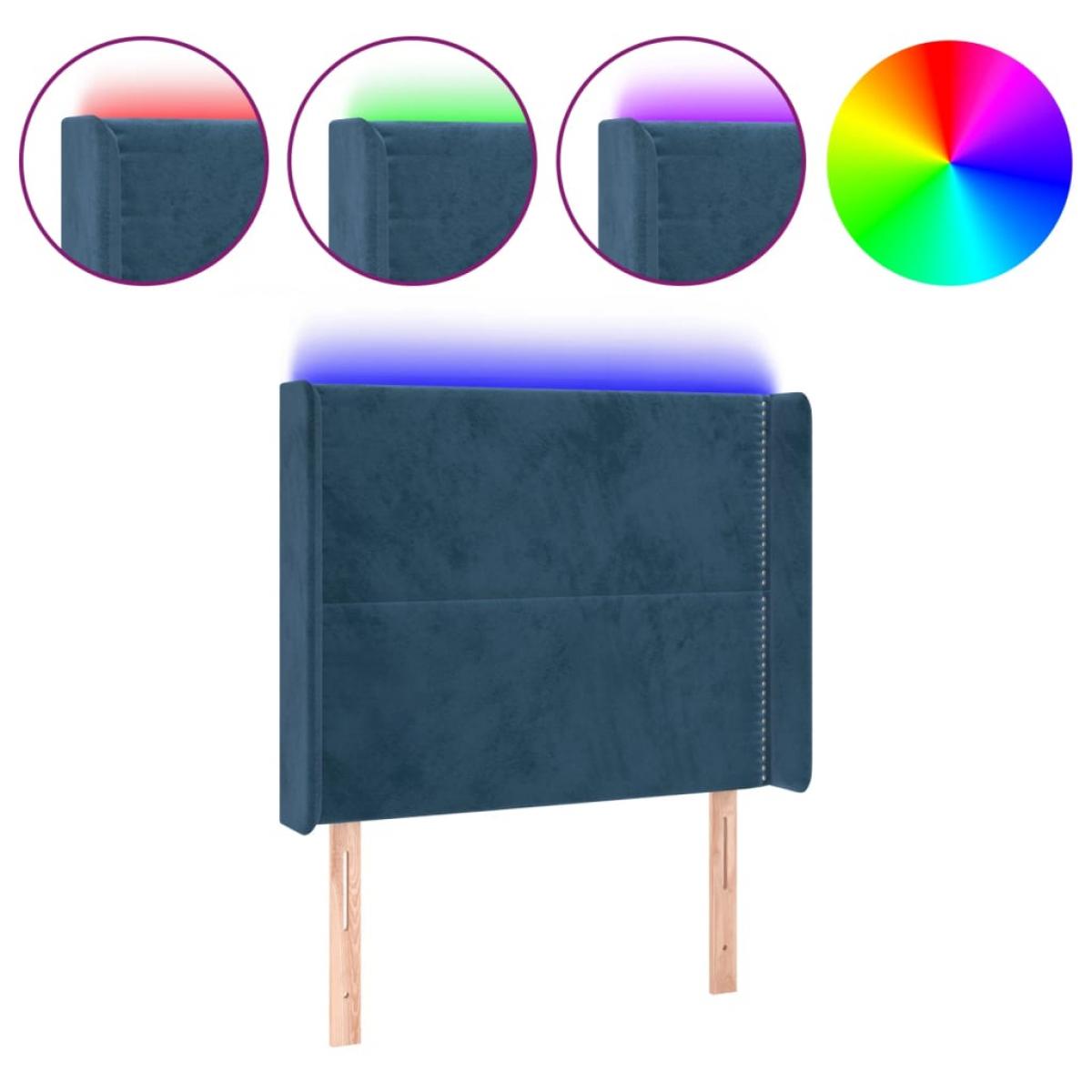 Cabecero con LED de terciopelo azul oscuro 83x16x118/128 cm