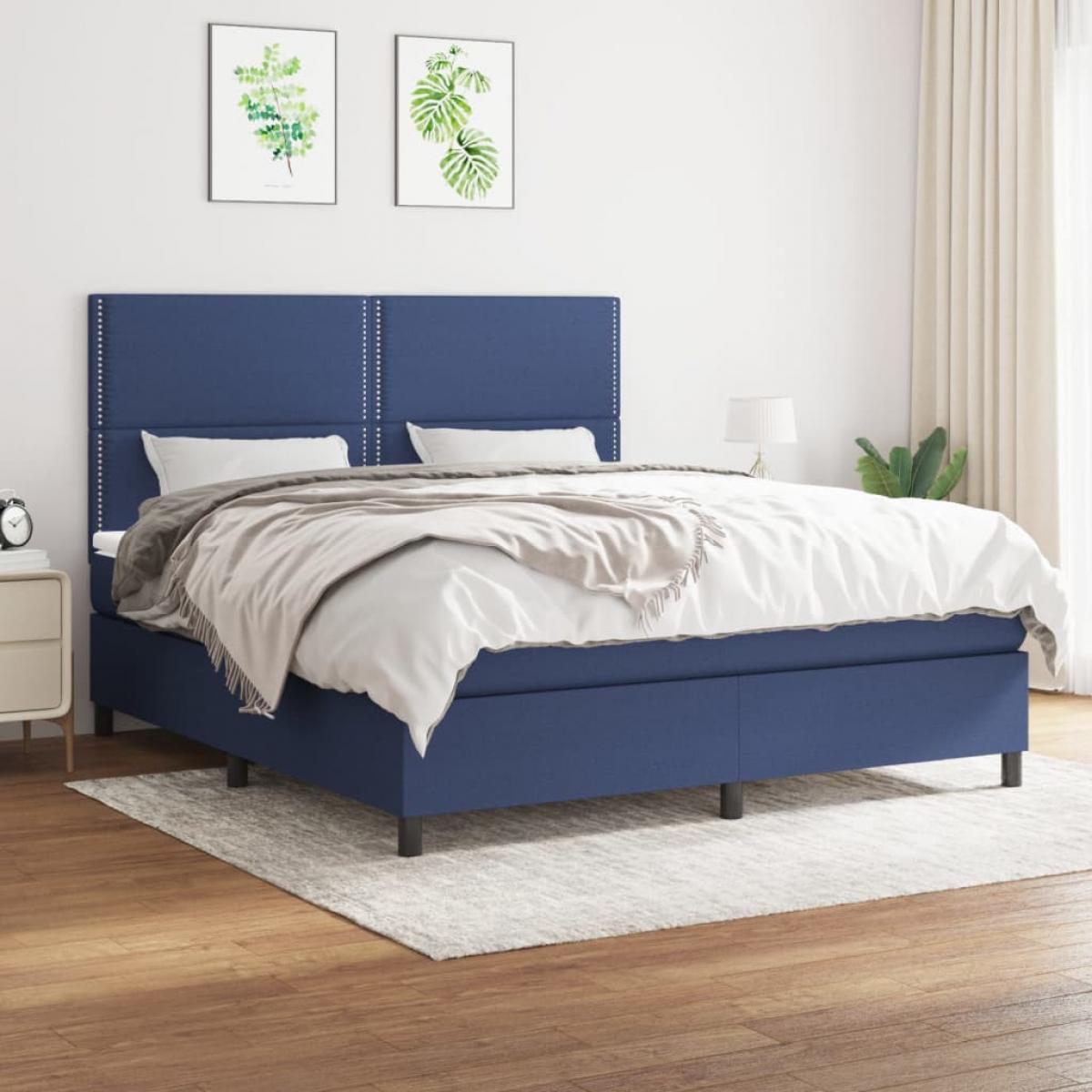 Cama box spring con colchón tela azul 180x200 cm