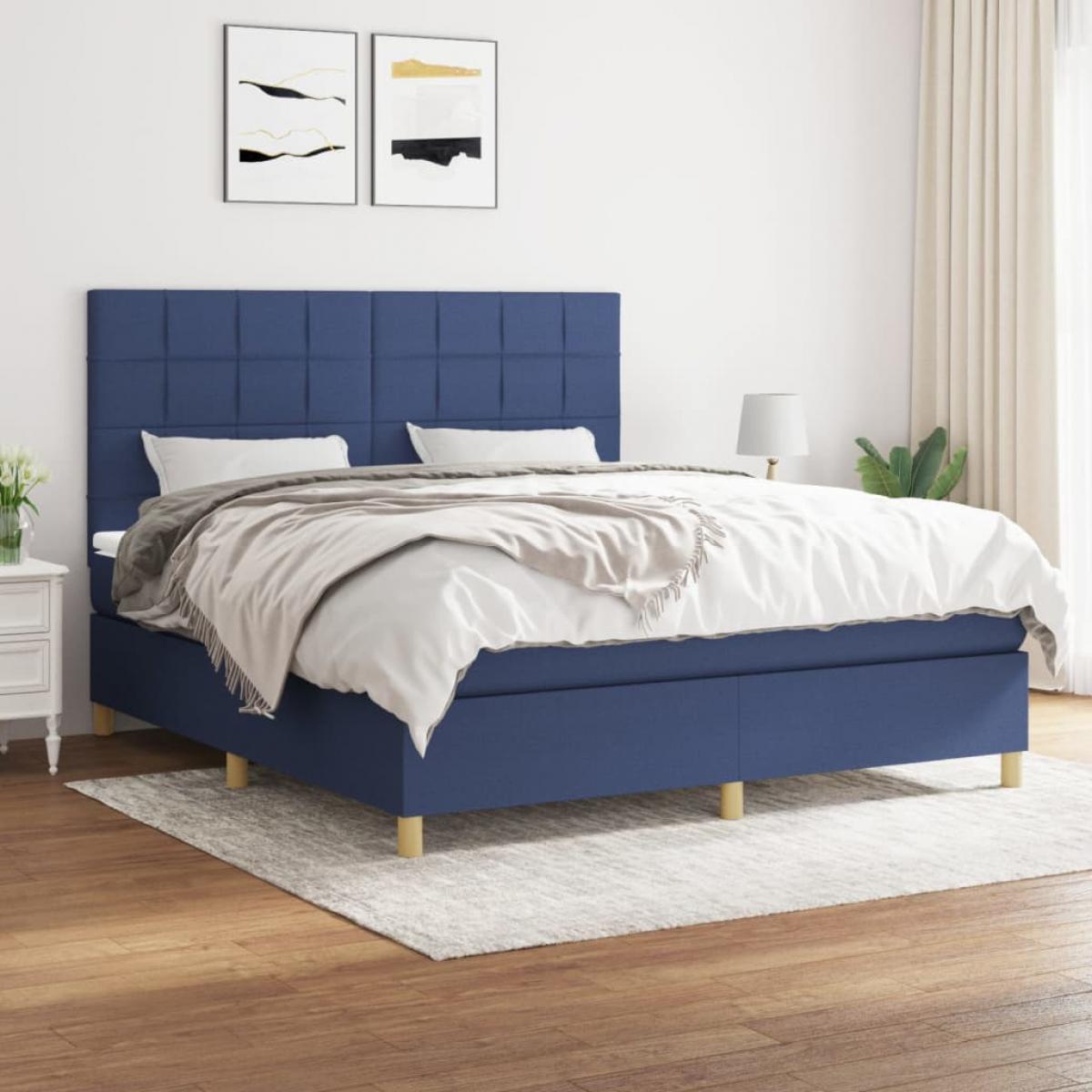 Cama box spring con colchón tela azul 160x200 cm