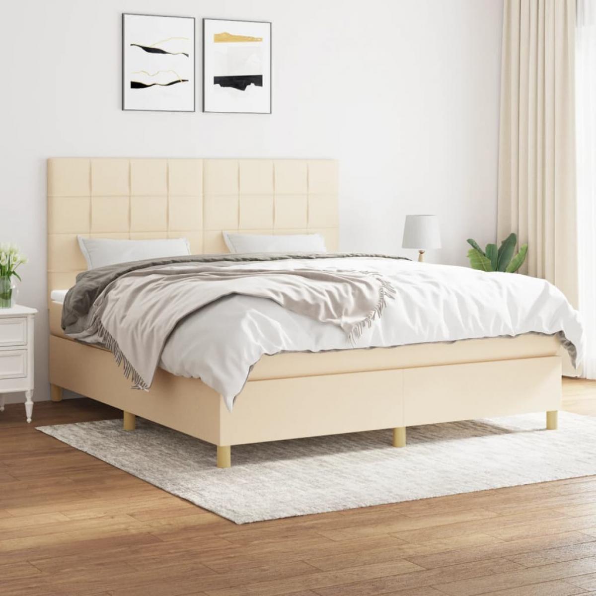 Cama box spring con colchón tela color crema 180x200 cm