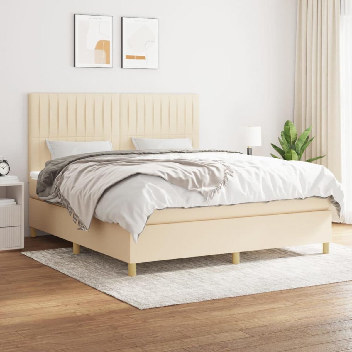 Cama box spring con colchón tela color crema 160x200 cm