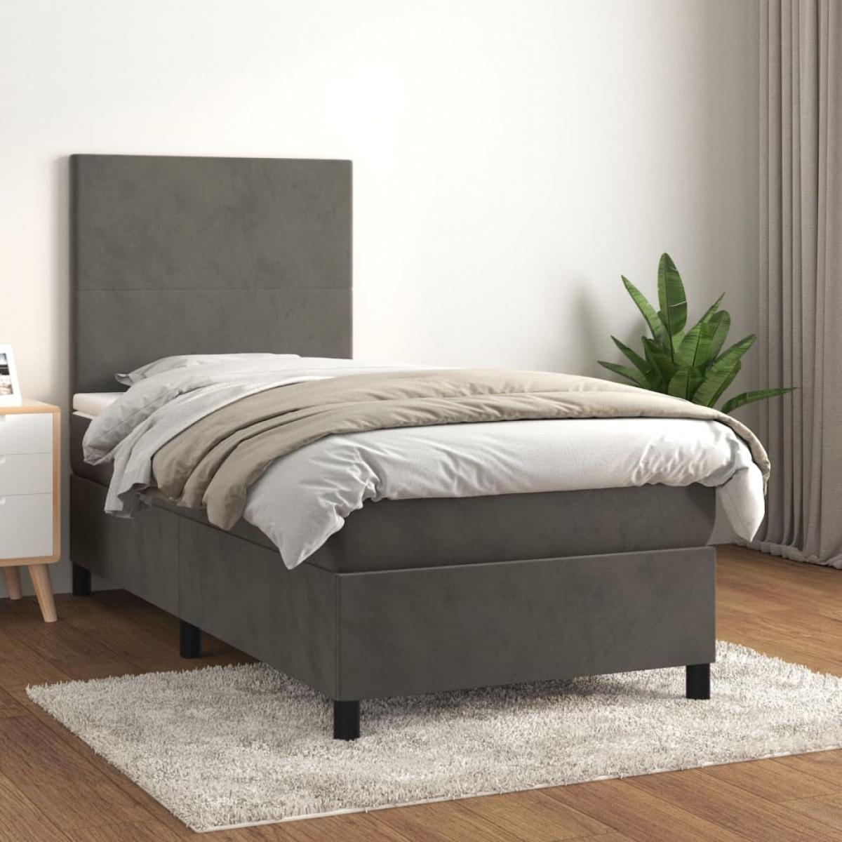 Cama box spring con colchón terciopelo gris oscuro 100x200 cm
