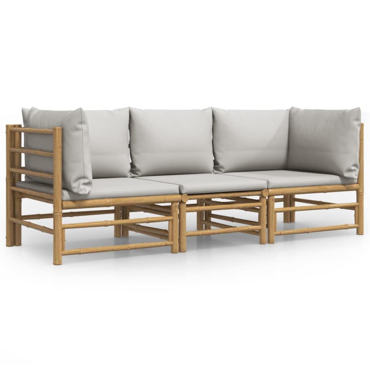 Set de muebles de jardín 3 piezas bambú y cojines gris claro