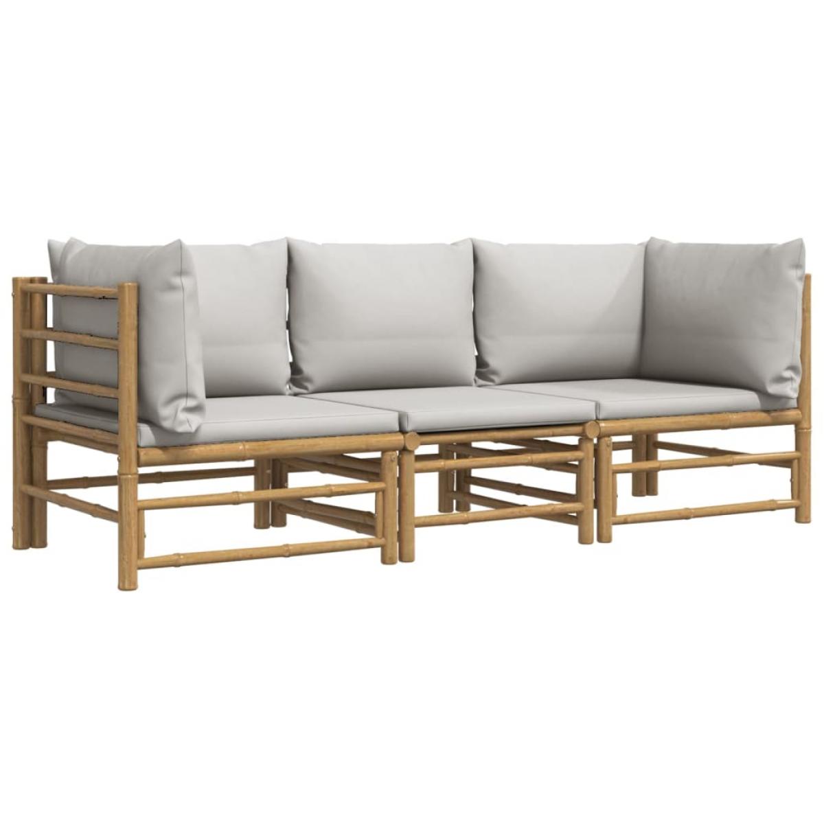 Set de muebles de jardín 3 piezas bambú y cojines gris claro