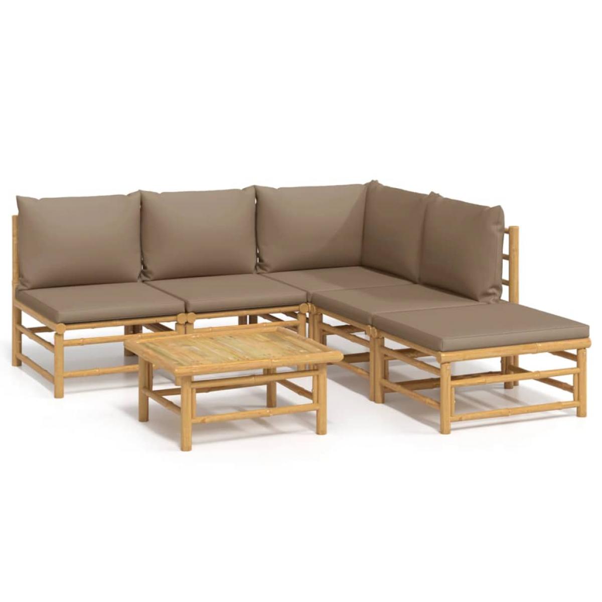 Set de muebles de jardín 6 piezas bambú con cojines gris taupé