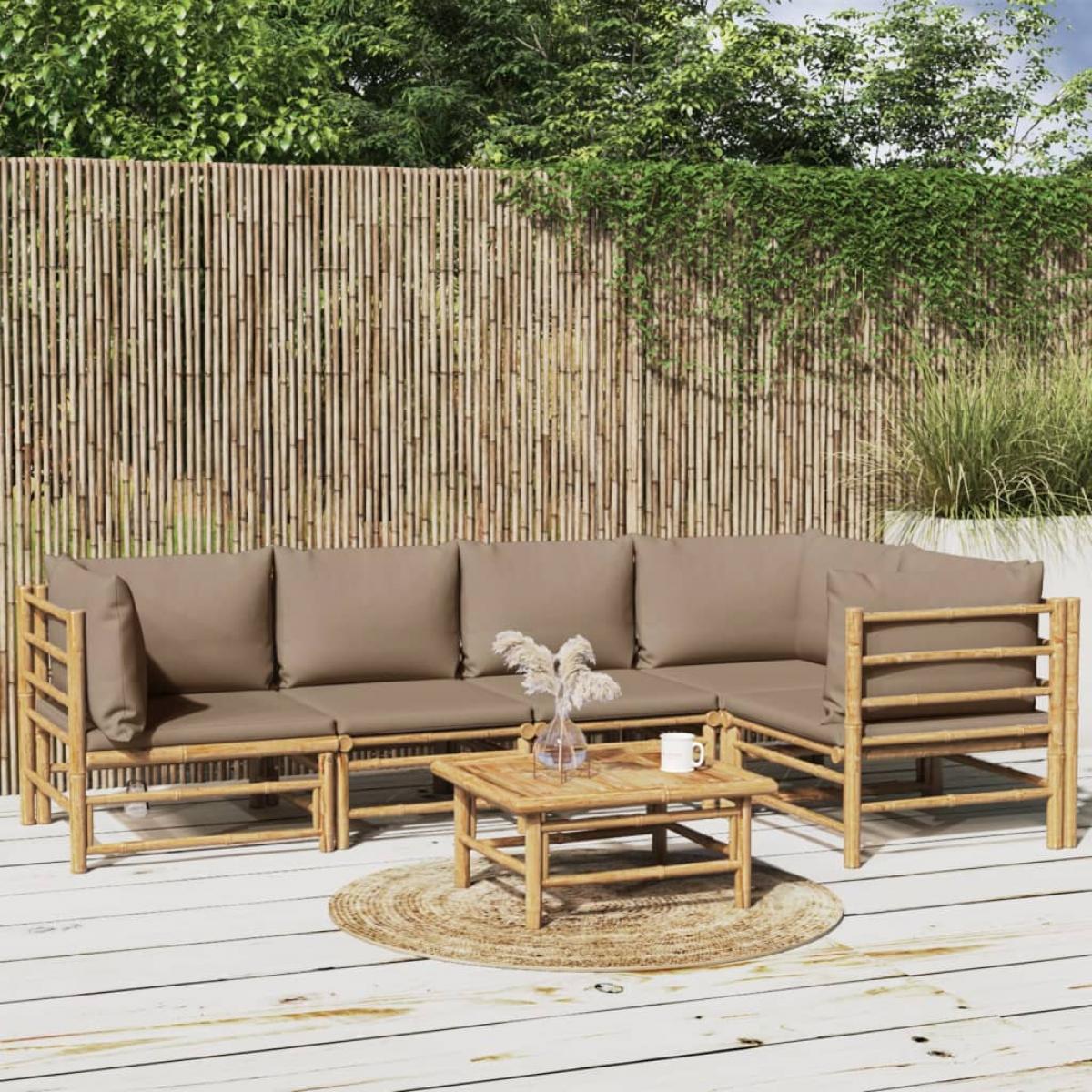 Set de muebles de jardín 6 piezas bambú con cojines gris taupé
