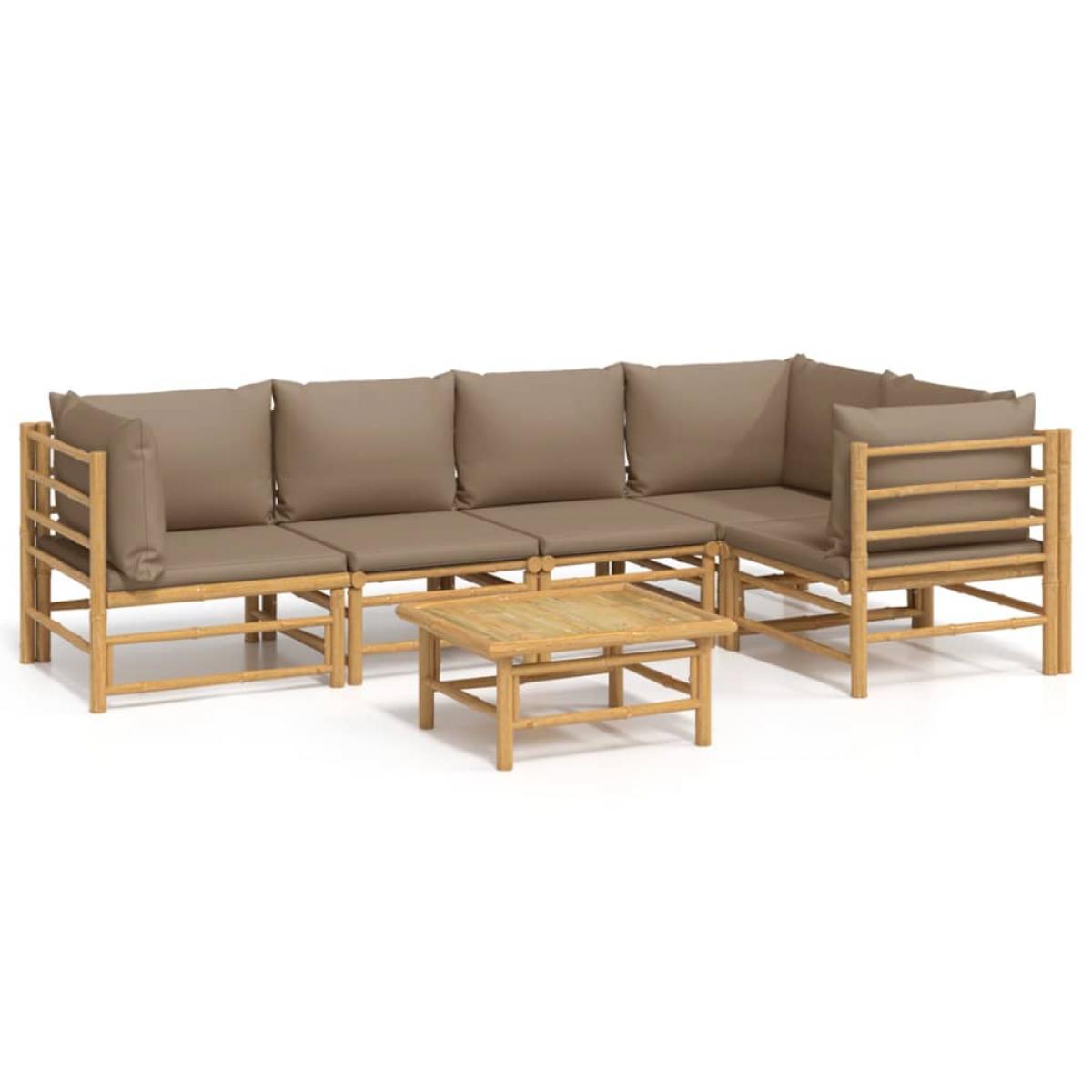 Set de muebles de jardín 6 piezas bambú con cojines gris taupé