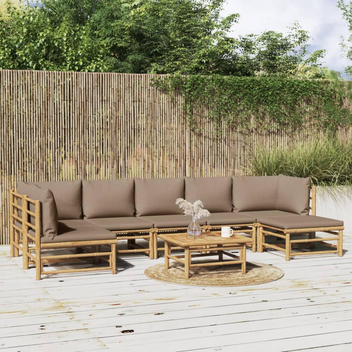 Set de muebles de jardín 8 piezas bambú y cojines gris taupé