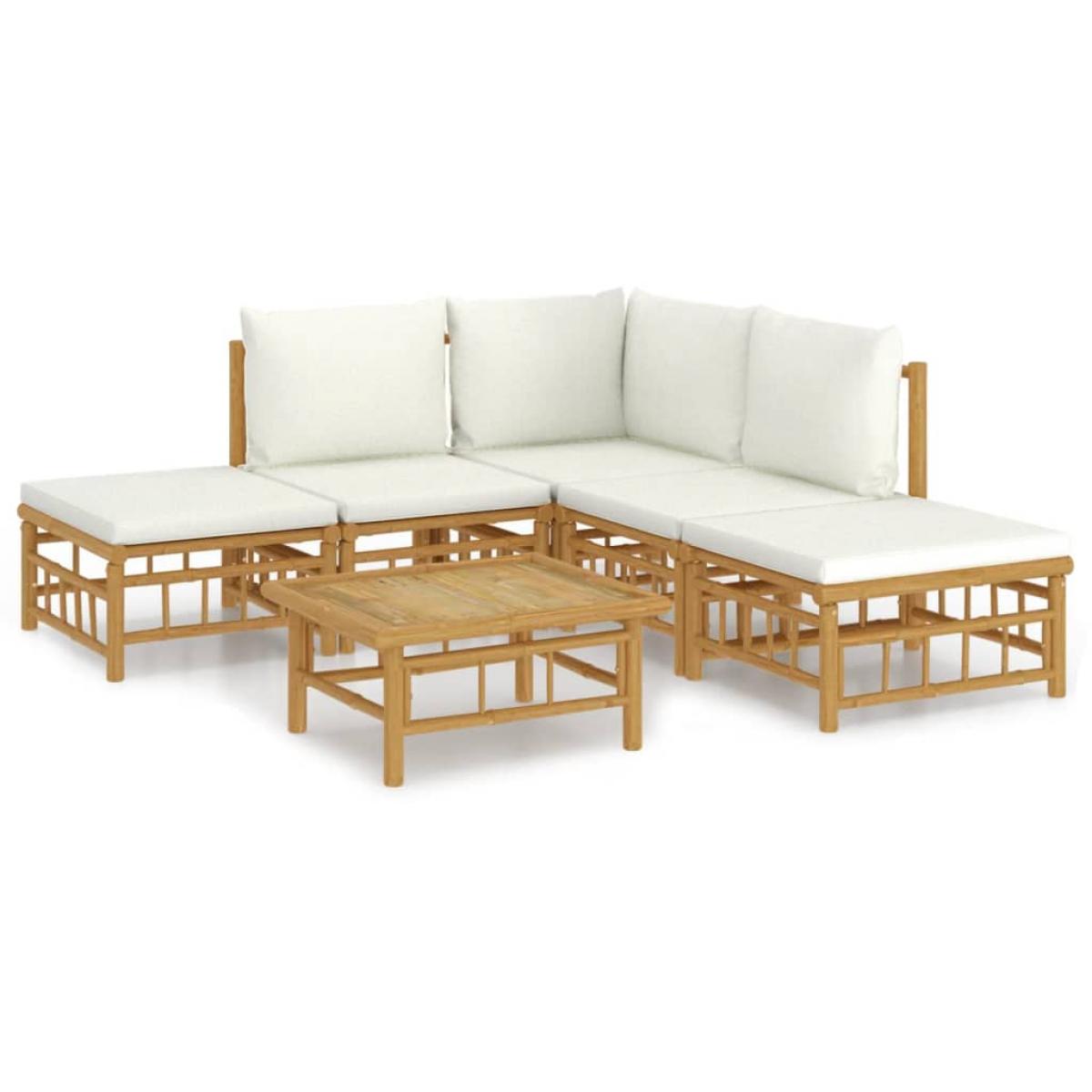 Set de muebles de jardín 6 piezas bambú y cojines blanco crema