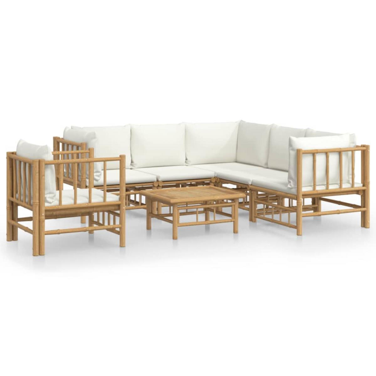 Set de muebles de jardín 7 piezas bambú y cojines blanco crema